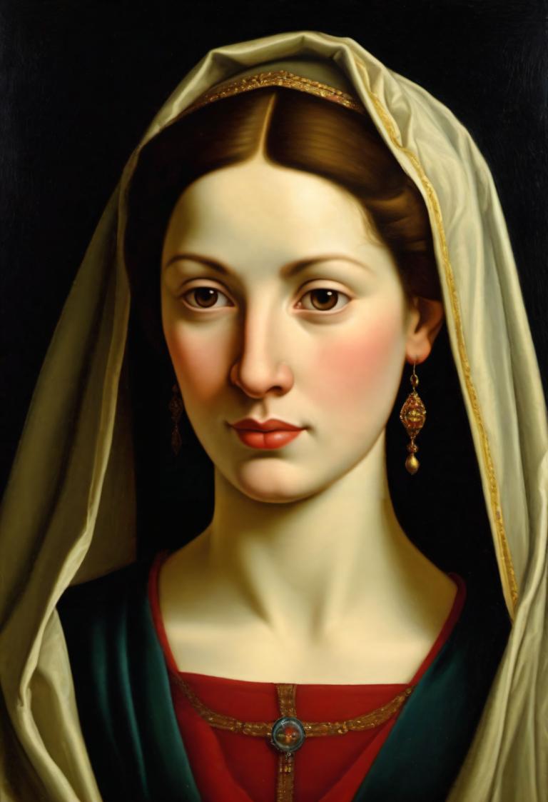 Arc Csere, Classical Portrait, Oil Painting, People, medieval european woman, portrait, solo, 1girl, jewelry, realistic, brown hair, earrings, brown eyes, fine art parody, veil, parody, black background, lips