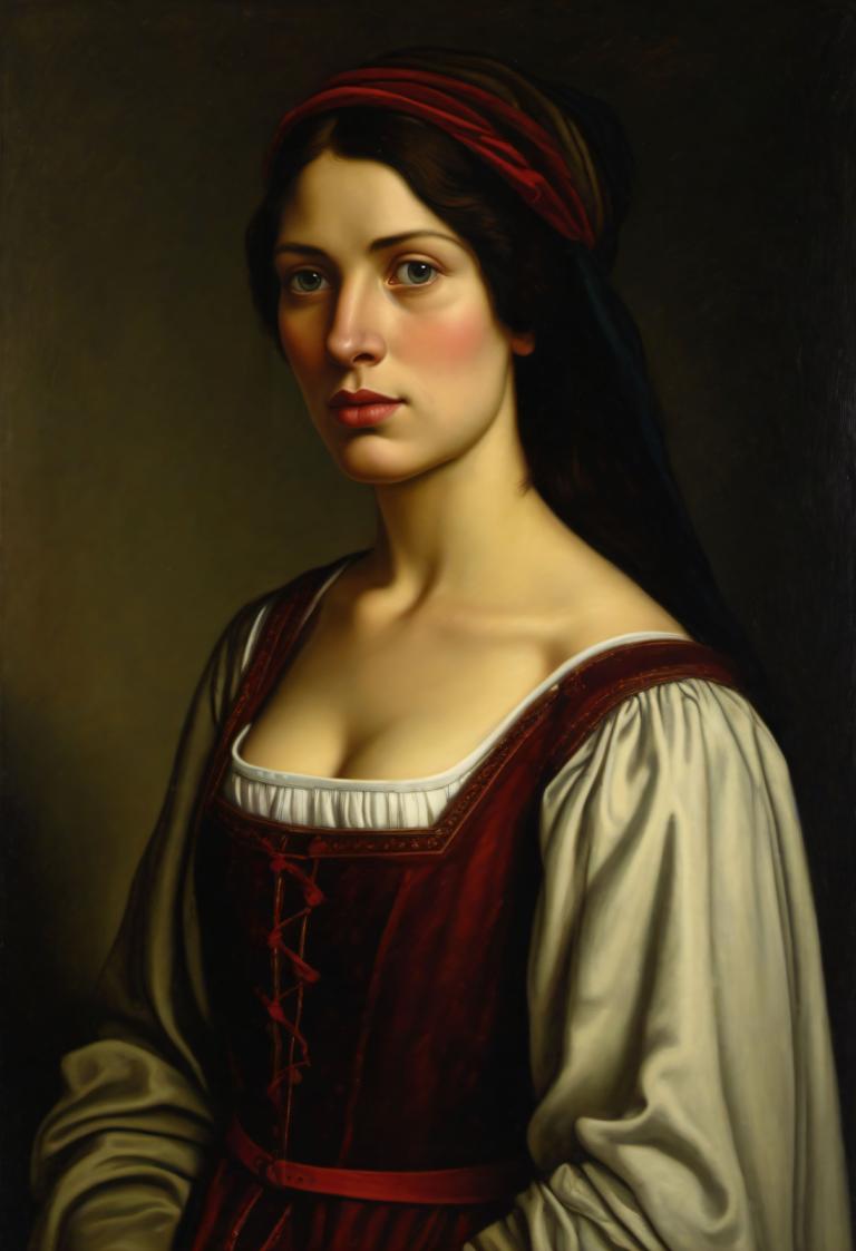 Pintura al óleo,Pintura al óleo, Gente, mujer medieval europea, retrato, 1 chica, solo, realista, escote