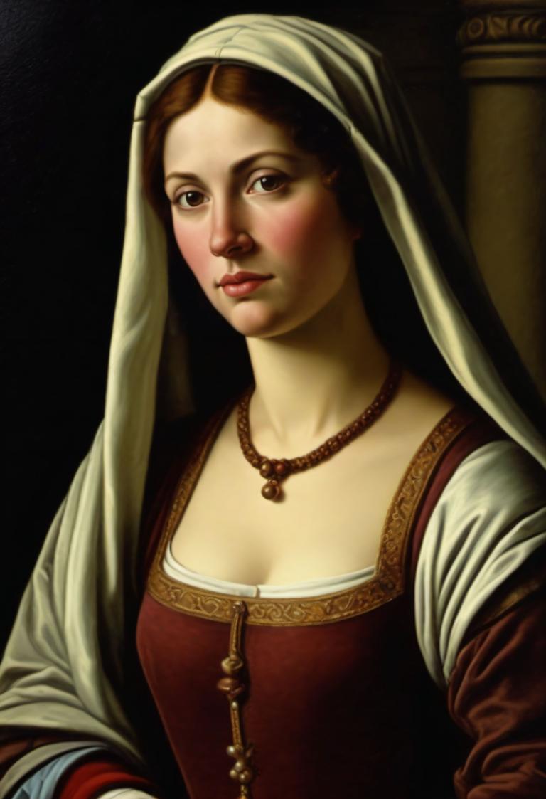 Oil Painting,Oil Painting, People, medieval european woman, portrait, 1girl, solo, realistic, jewelry