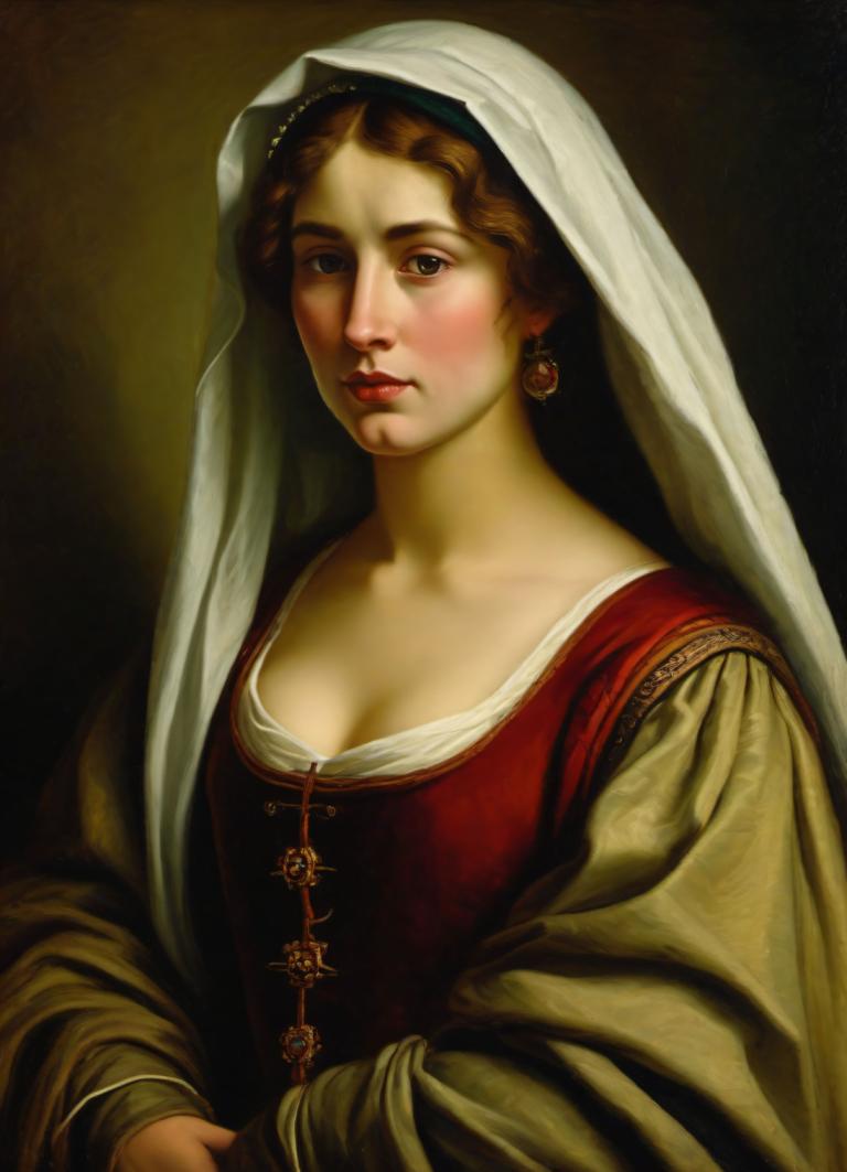 Échange de visage, Portrait classique, Peinture à l'huile, Personnes, femme européenne médiévale, portrait, 1fille, parodie des beaux-arts, réaliste, solo, bijoux, des boucles d'oreilles, clivage, seins, cheveux bruns, seins moyens, haut du corps, robe, yeux verts