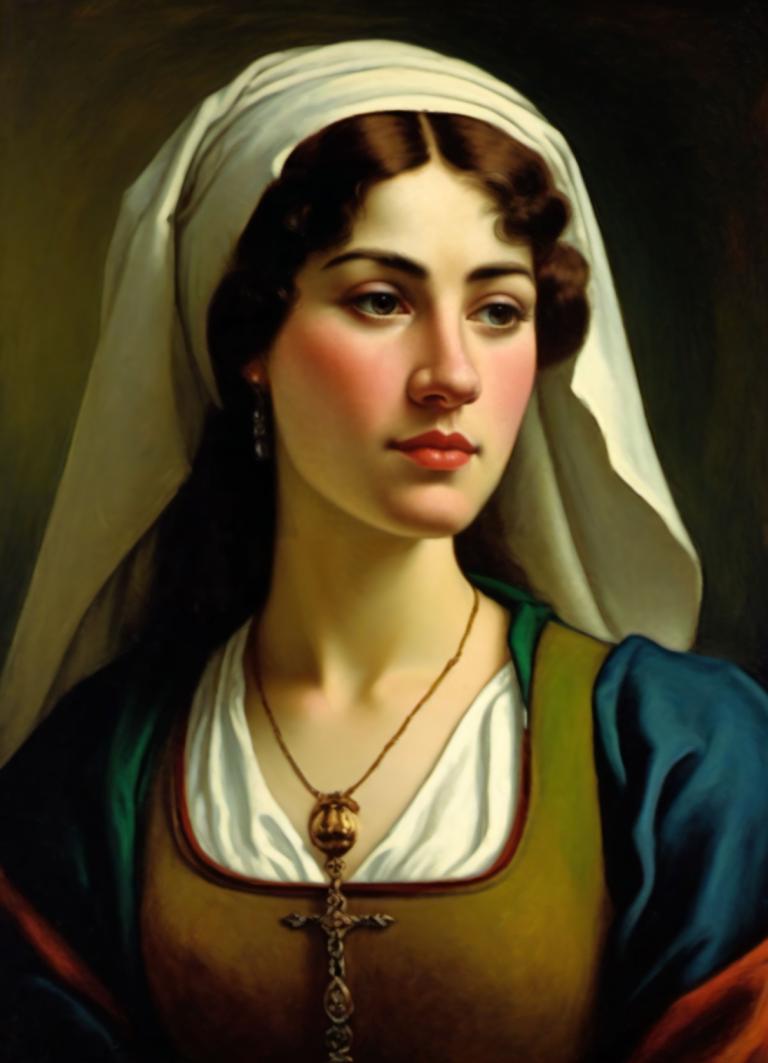 Échange de visage, Portrait classique, Peinture à l'huile, Personnes, femme européenne médiévale, portrait, 1fille, solo, bijoux, réaliste, parodie des beaux-arts, collier, cheveux bruns, des boucles d'oreilles, foulard, voile, parodie, lèvres, haut du corps, cheveux longs