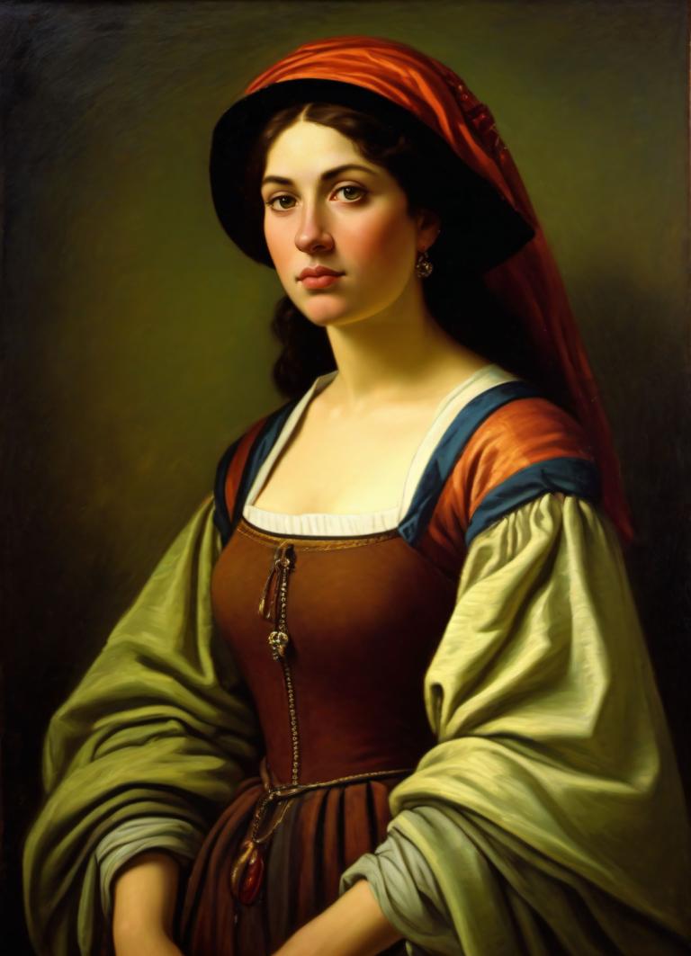 Oil Painting,Oil Painting, People, medieval european woman, portrait, 1girl, solo, realistic, jewelry