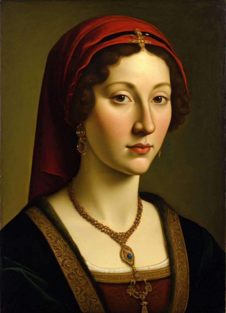 Arc Csere, Classical Portrait, Oil Painting, People, medieval european woman, portrait, solo, 1girl, jewelry, realistic, fine art parody, necklace, earrings, brown hair, parody, brown eyes, upper body, veil, head scarf, looking at viewer