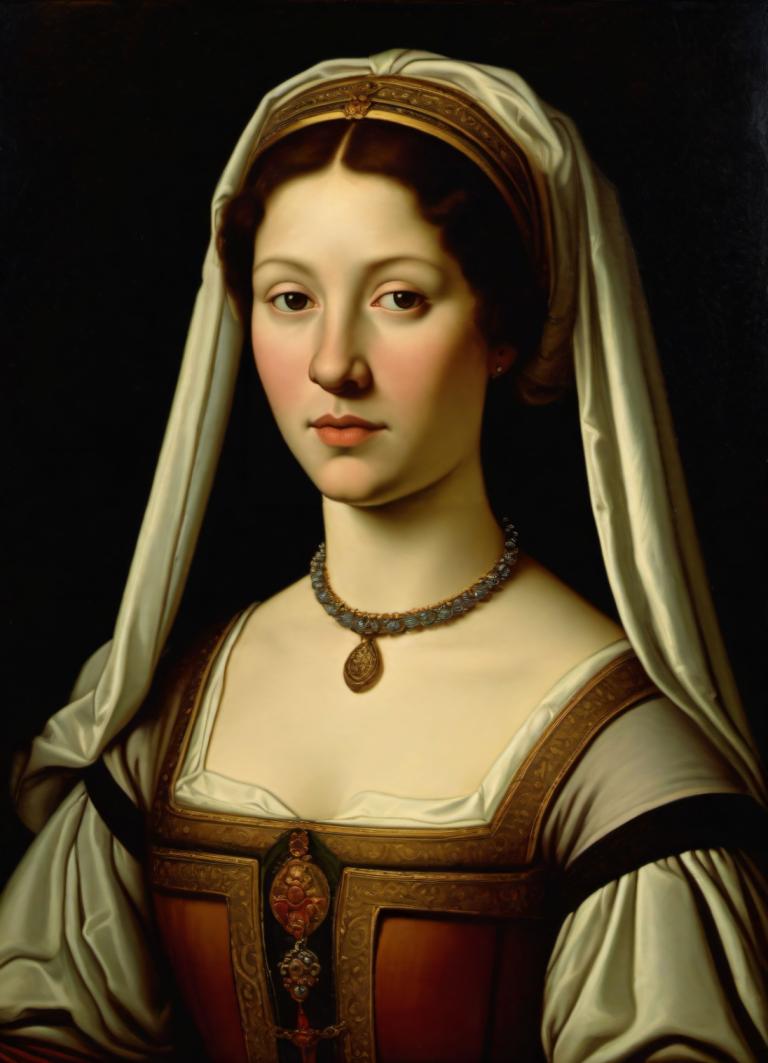 Arc Csere, Classical Portrait, Oil Painting, People, medieval european woman, portrait, solo, 1girl, jewelry, realistic, necklace, fine art parody, veil, brown hair, parody, lips, upper body, dress