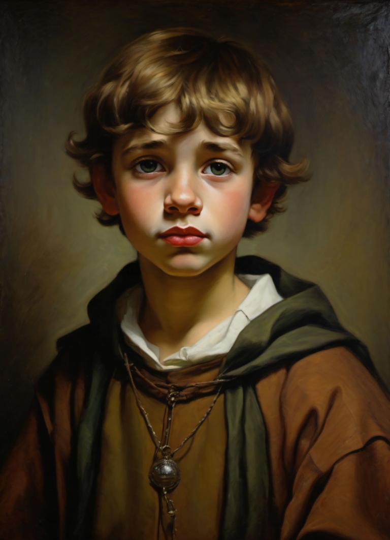 Arc Csere, Classical Portrait, Oil Painting, People, medieval european boy, portrait, solo, male focus, 1boy, realistic, jewelry, looking at viewer, necklace, upper body, brown hair, green eyes, short hair, shirt, blonde hair, fine art parody, hood