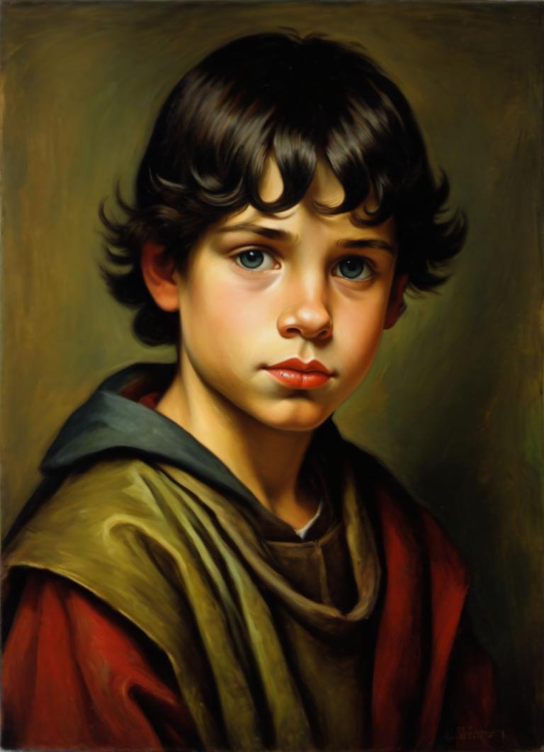 Arc Csere, Classical Portrait, Oil Painting, People, medieval european boy, portrait, solo, male focus, realistic, 1boy, blue eyes, black hair, upper body, looking at viewer, lips, signature