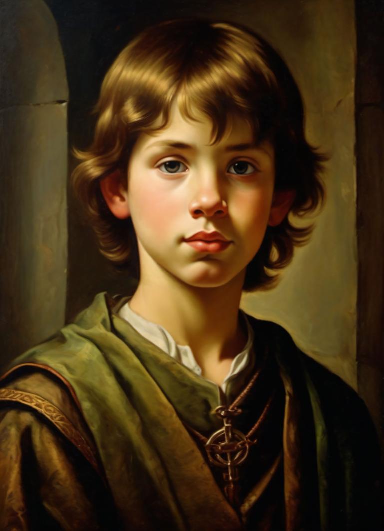 Oil Painting,Oil Painting, People, medieval european boy, portrait, solo, realistic, brown hair, male focus