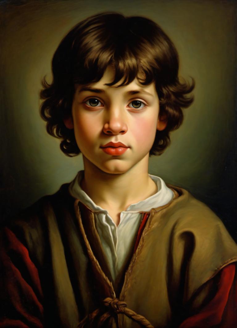 Intercambio de Rostro, Retrato clásico, Pintura al óleo, Gente, niño medieval europeo, retrato, solo, Pelo castaño, mirando al espectador, realista, parte superior del cuerpo, parodia de bellas artes, cabello corto, enfoque masculino, 1 chico, boca cerrada, labios, fondo marrón