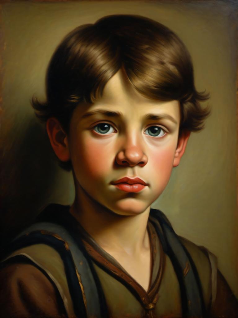 Intercambio de Rostro, Retrato clásico, Pintura al óleo, Gente, niño medieval europeo, retrato, solo, Pelo castaño, enfoque masculino, 1 chico, realista, mirando al espectador, ojos azules, parte superior del cuerpo, labios, ojos verdes, cabello corto, boca cerrada, retrato