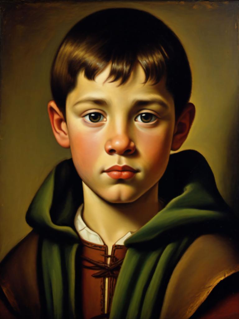 Intercambio de Rostro, Retrato clásico, Pintura al óleo, Gente, niño medieval europeo, retrato, solo, enfoque masculino, 1 chico, realista, Pelo castaño, mirando al espectador, Ojos cafés, parte superior del cuerpo, capucha, labios, bufanda, boca cerrada