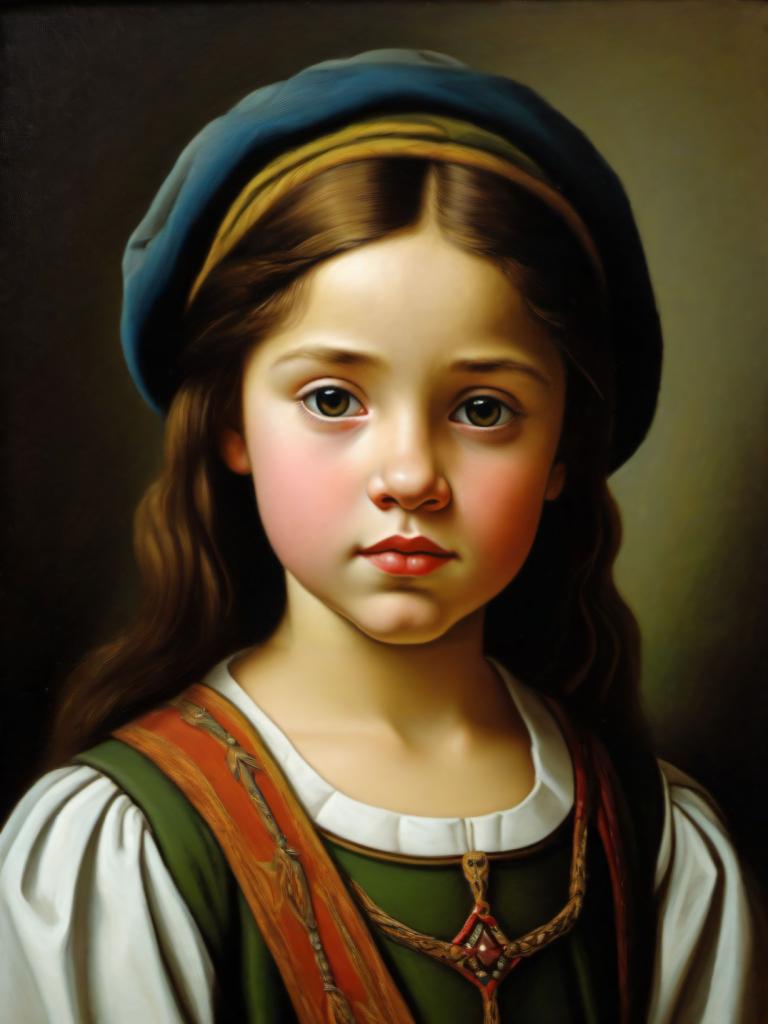 油絵,油絵, 人物, 中世ヨーロッパの少女,肖像画, 1女の子, ソロ, 茶髪, 現実的な, 帽子, 茶色の目, 長い髪, 視聴者を見ている, パロディー, ネックレス, 美術パロディ, 唇, ジュエリー, 上半身