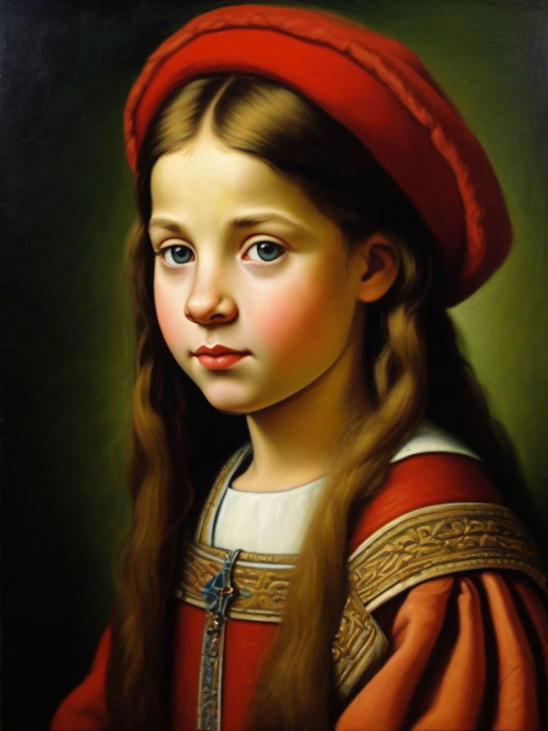 Oil Painting,Oil Painting, People, medieval european girl, portrait, 1girl, solo, hat, long hair, realistic