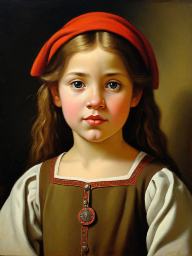 Arc Csere, Classical Portrait, Oil Painting, People, medieval european girl, portrait, 1girl, solo, realistic, brown hair, fine art parody, long hair, hat, looking at viewer, upper body, parody, lips