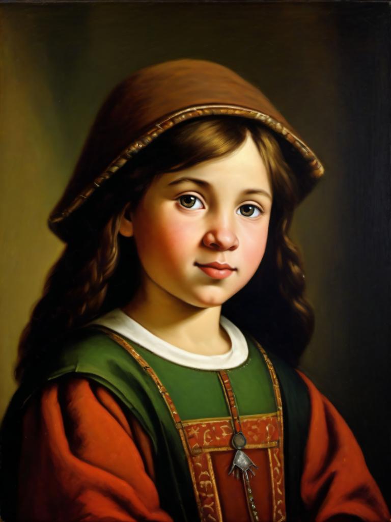 Oil Painting,Oil Painting, People, medieval european girl, portrait, 1girl, solo, brown hair, brown eyes