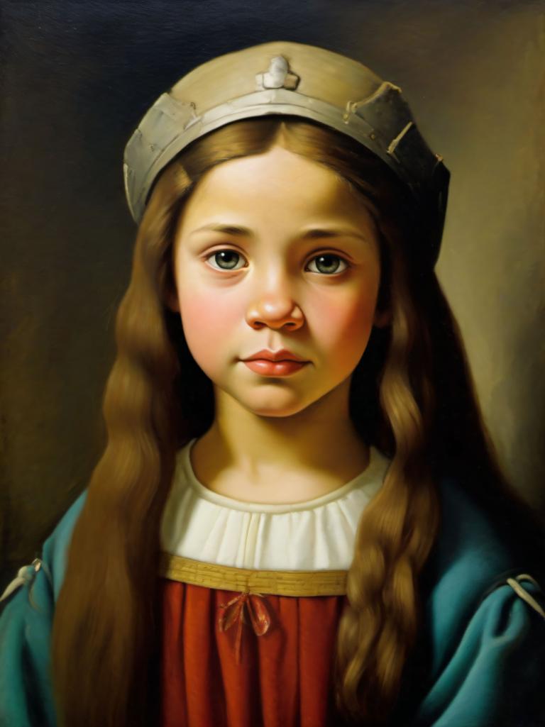 Face Swap, Classical Portrait, Oil Painting, People, medieval european girl, portrait, 1girl, solo, realistic, long hair, brown hair, fine art parody, looking at viewer, hat, parody, upper body, green eyes, lips, closed mouth, dress