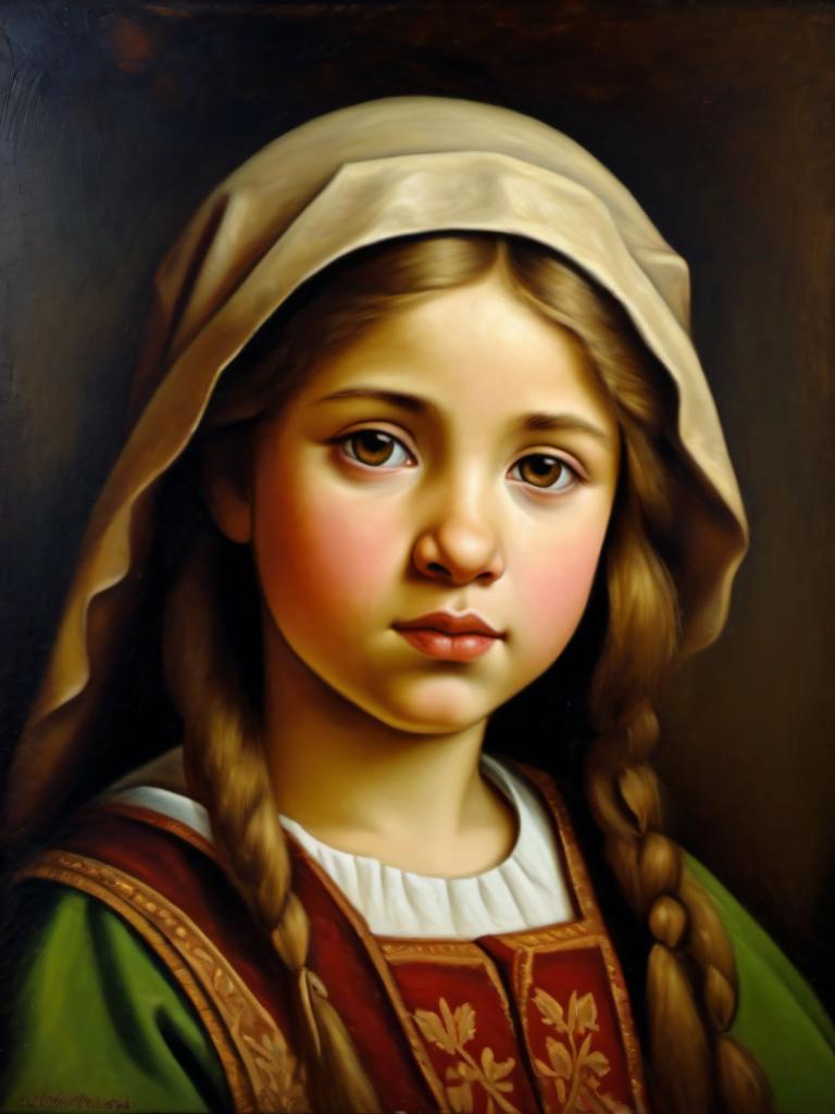 Oil Painting,Oil Painting, People, medieval european girl, portrait, 1girl, solo, braid, brown eyes