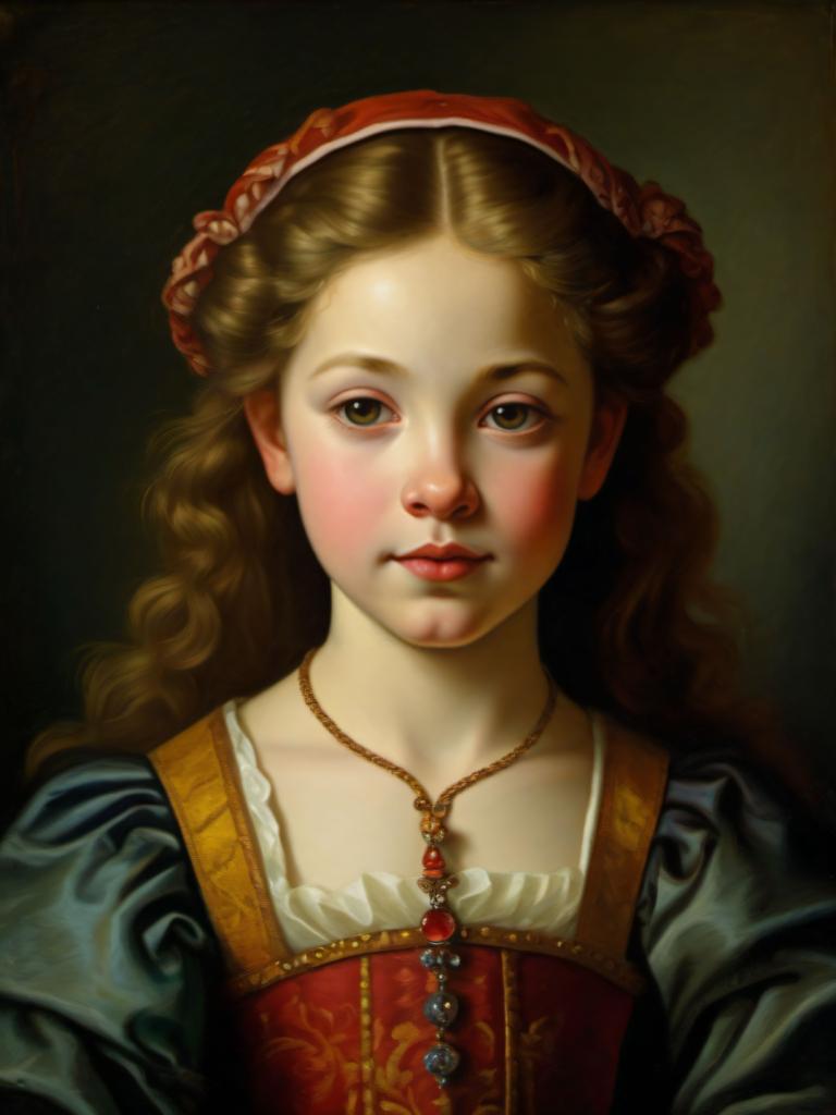 Oil Painting,Oil Painting, People, medieval european girl, portrait, 1girl, solo, realistic, jewelry