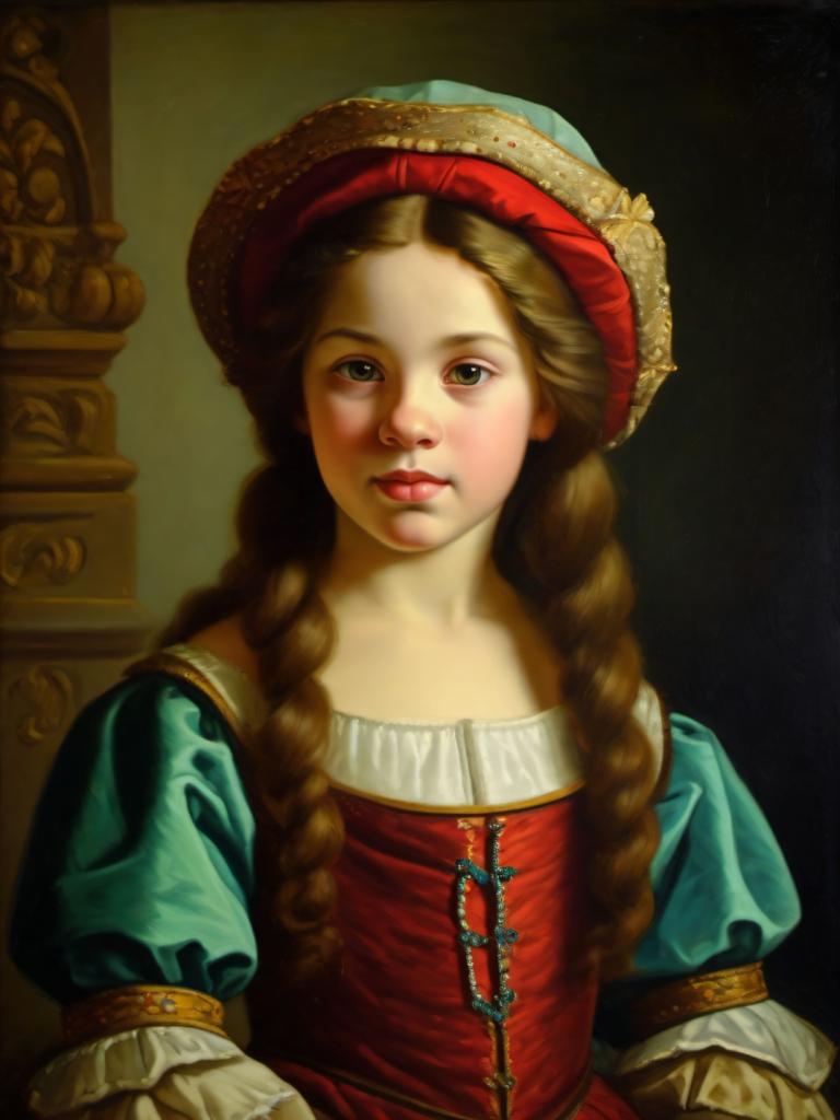 Oil Painting,Oil Painting, People, medieval european girl, portrait, 1girl, solo, braid, fine art parody