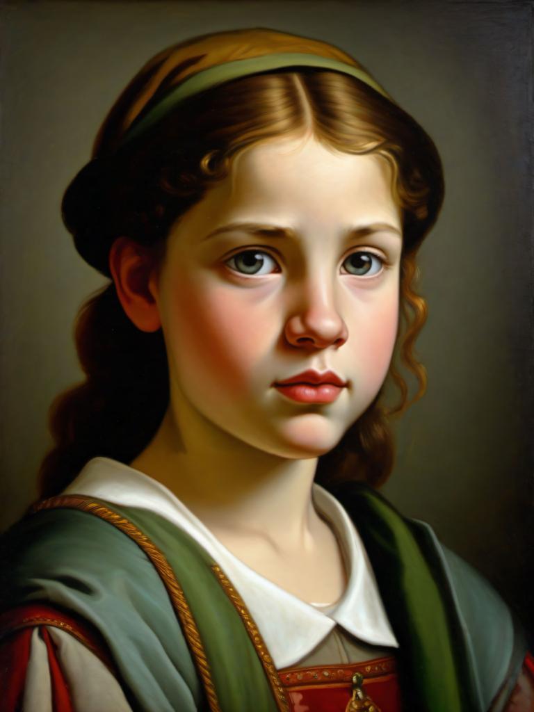 Échange de visage, Portrait classique, Peinture à l'huile, Personnes, fille européenne médiévale, portrait, 1fille, solo, réaliste, cheveux bruns, bandeau, parodie des beaux-arts, regarder le spectateur, cheveux longs, haut du corps, lèvres, parodie