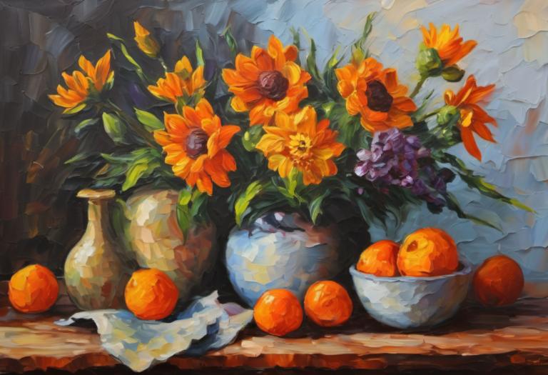 Oil Painting,Oil Painting, Still life, still life, no humans, flower, fruit, food, orange flower