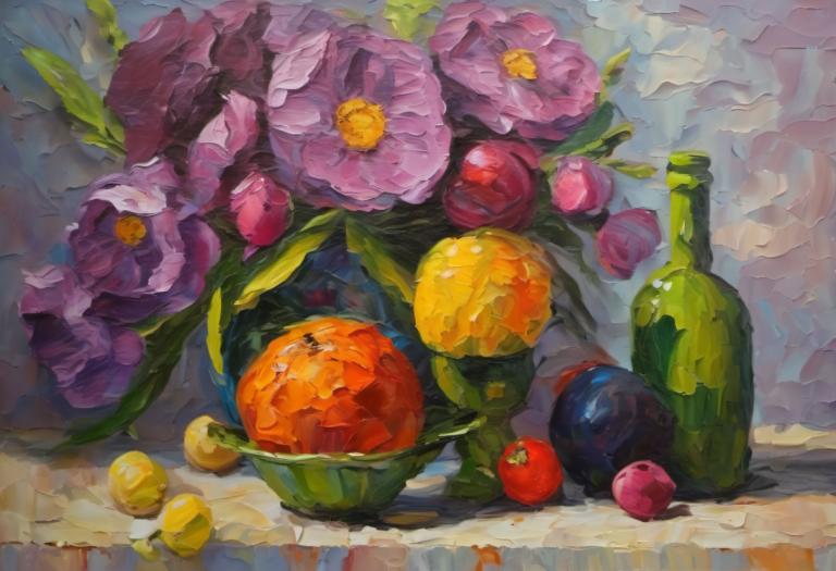 Pintura al óleo,Pintura al óleo, Naturaleza muerta, naturaleza muerta, fruta, no humanos, alimento, flor