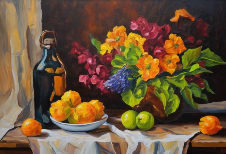 Pintura al óleo,Pintura al óleo, Naturaleza muerta, naturaleza muerta, 1 chica, flor, alimento, fruta, solo