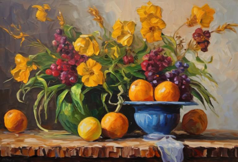 Oil Painting,Oil Painting, Still life, still life, fruit, no humans, flower, food, grapes, leaf, still life