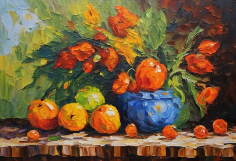 Oil Painting,Oil Painting, Still life, still life, no humans, fruit, food, leaf, painting (medium), outdoors