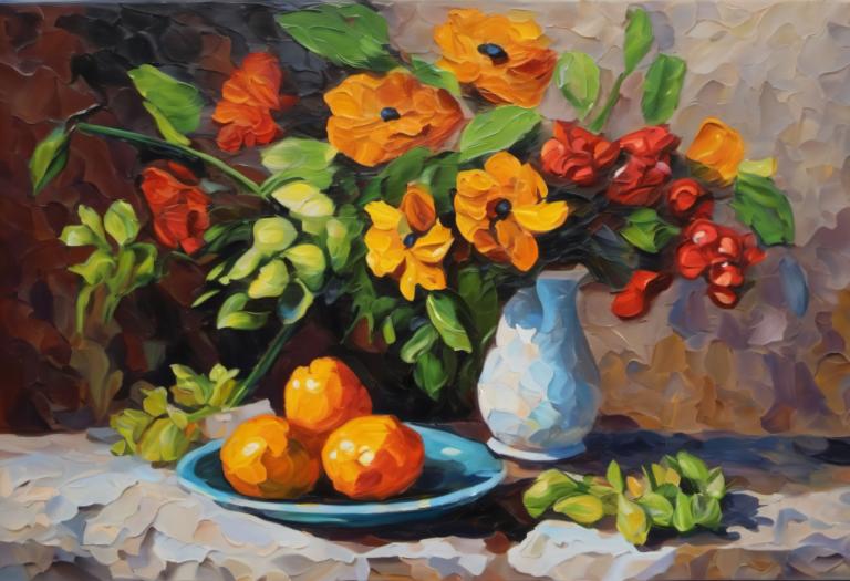 Oil Painting,Oil Painting, Still life, still life, no humans, flower, still life, traditional media, leaf