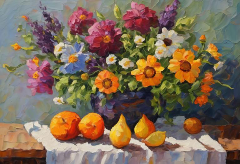 Oil Painting,Oil Painting, Still life, still life, no humans, fruit, flower, food, orange flower, still life