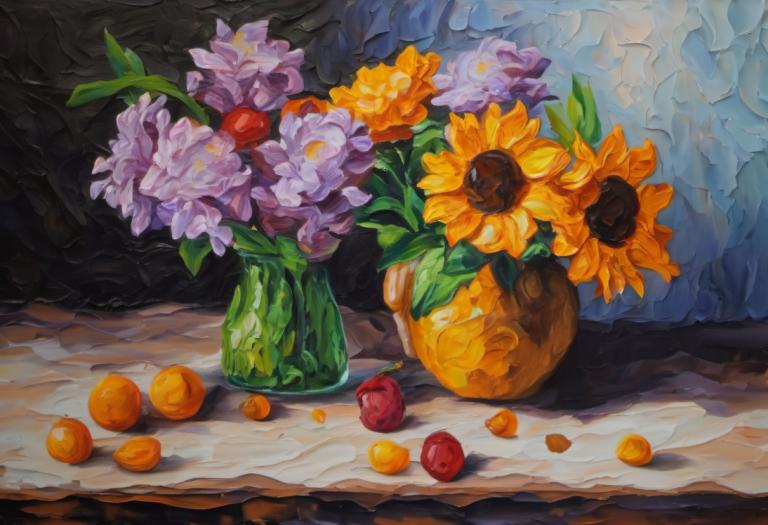 Oil Painting,Oil Painting, Still life, still life, flower, no humans, still life, fruit, food