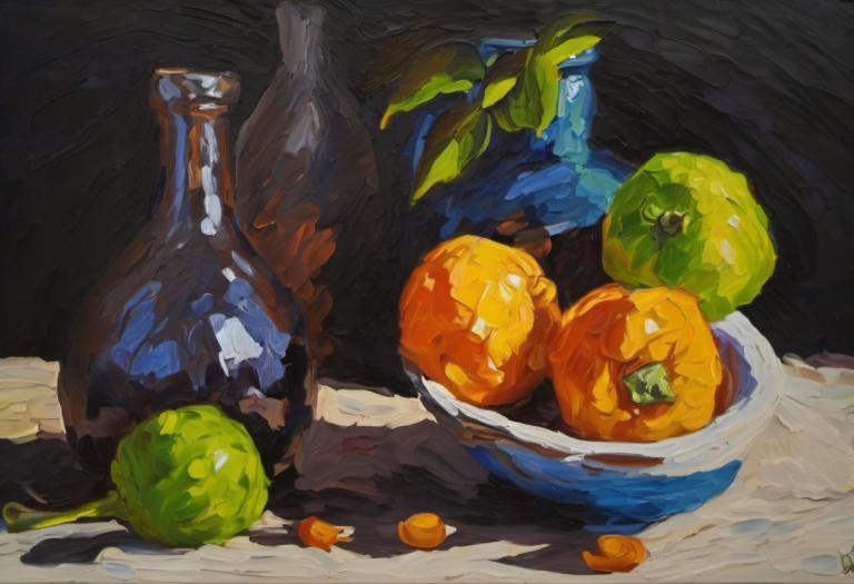 Oil Painting,Oil Painting, Still life, still life, no humans, food, fruit, signature, leaf