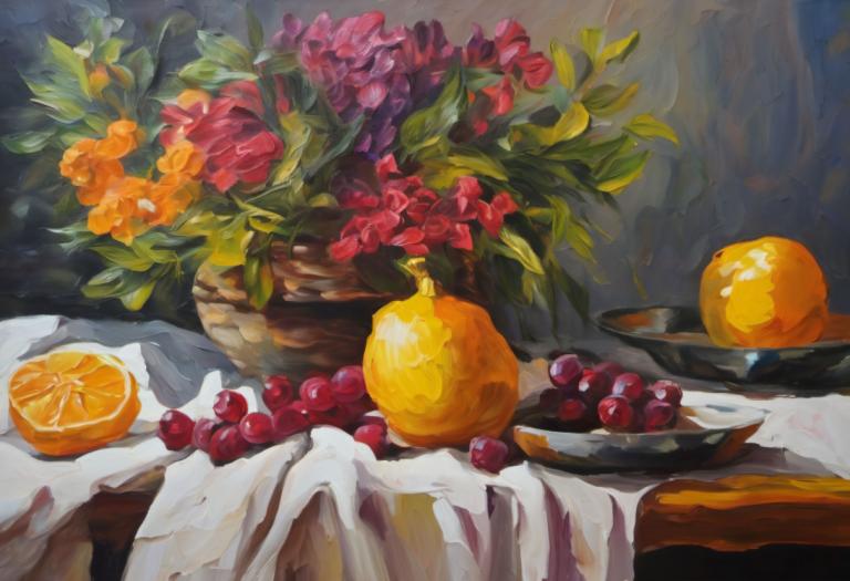 Oil Painting,Oil Painting, Still life, still life, fruit, food, no humans, orange (fruit), still life