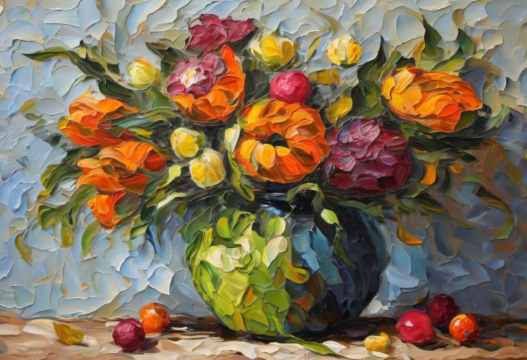 Oil Painting,Oil Painting, Still life, still life, no humans, flower, still life, traditional media, leaf