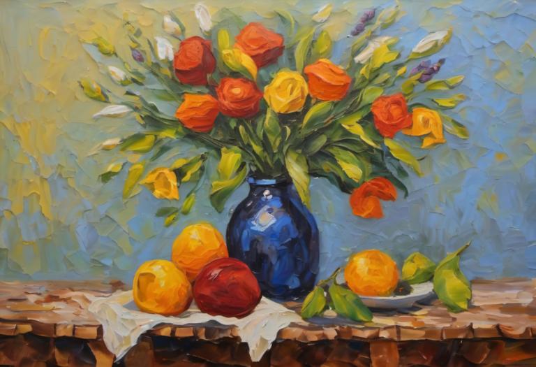 Olieverf,Olieverf, Stilleven, stilleven, geen mensen, vogel, bloem, blad, fruit, voedsel, schilderij (middel)