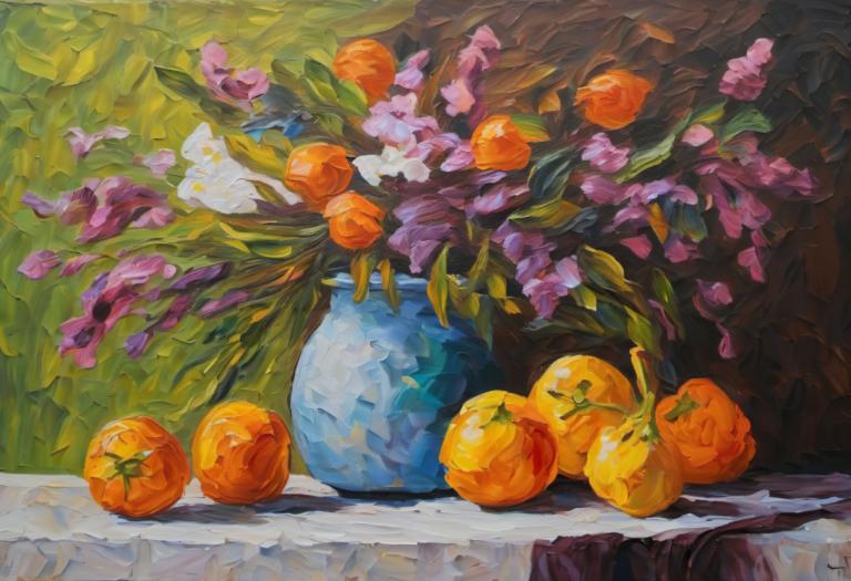 Olieverf,Olieverf, Stilleven, stilleven, geen mensen, fruit, voedsel, bloem, schilderij (middel)