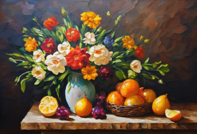 Olieverf,Olieverf, Stilleven, stilleven, fruit, geen mensen, voedsel, bloem, Oranje fruit), witte bloem