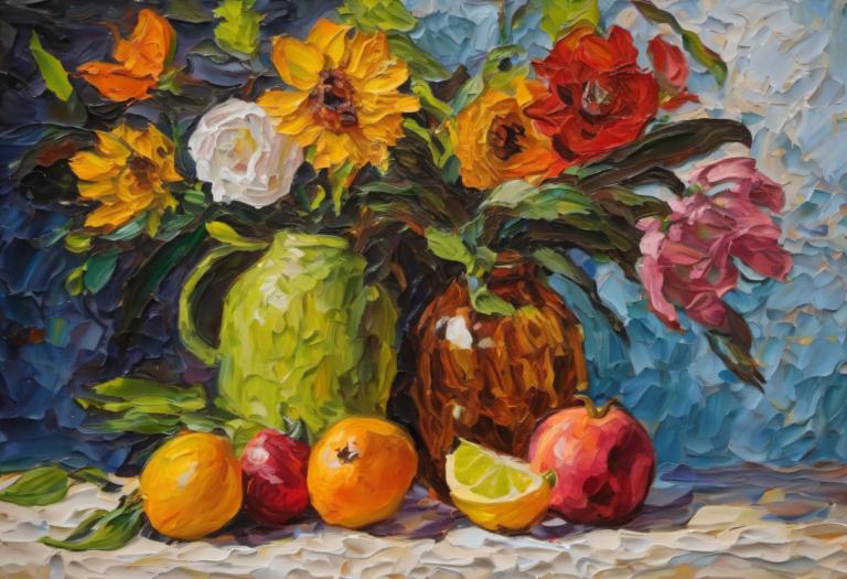 Oil Painting,Oil Painting, Still life, still life, flower, fruit, no humans, food, yellow flower, leaf