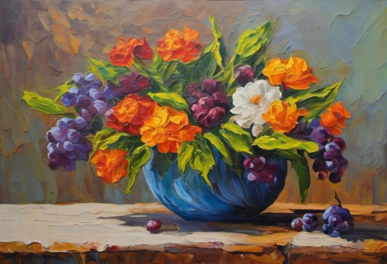 Oil Painting,Oil Painting, Still life, still life, no humans, flower, fruit, still life, food, scenery, leaf