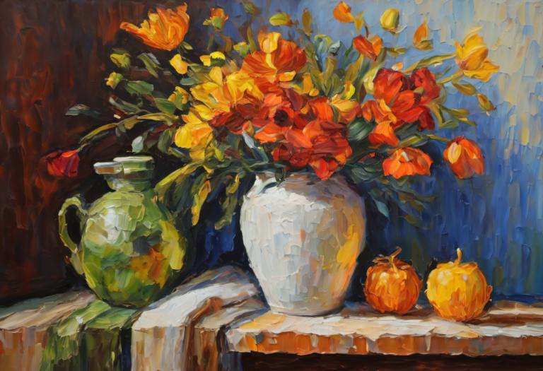 Oil Painting,Oil Painting, Still life, still life, flower, no humans, vase, red flower, still life