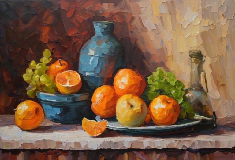 Oil Painting,Oil Painting, Still life, still life, no humans, food, fruit, food focus, orange (fruit)