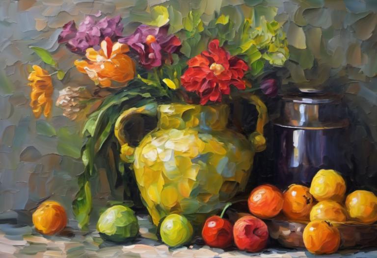 Oil Painting,Oil Painting, Still life, still life, no humans, fruit, food, flower, leaf, pokemon (creature)