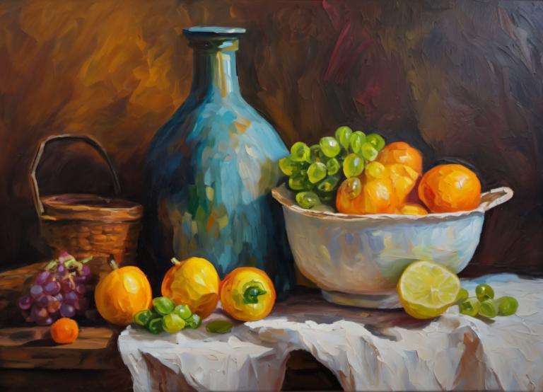 Oil Painting,Oil Painting, Still life, still life, fruit, food, basket, no humans, lemon, orange (fruit)