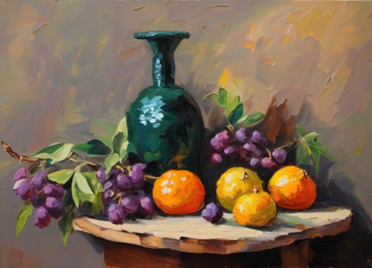 Oil Painting,Oil Painting, Still life, still life, fruit, no humans, food, grapes, leaf, food focus