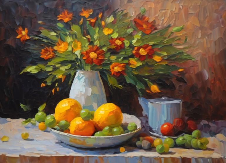 Oil Painting,Oil Painting, Still life, still life, no humans, flower, fruit, food, scenery, still life, leaf