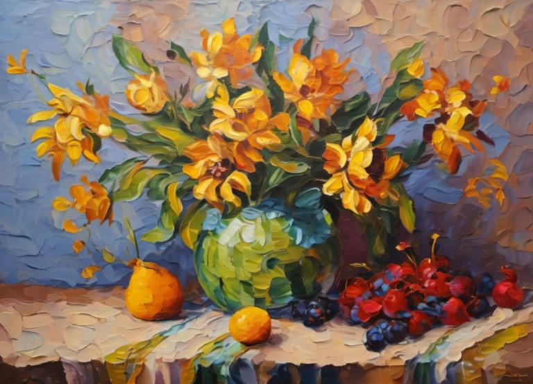 Oil Painting,Oil Painting, Still life, still life, fruit, no humans, flower, food, traditional media, scenery