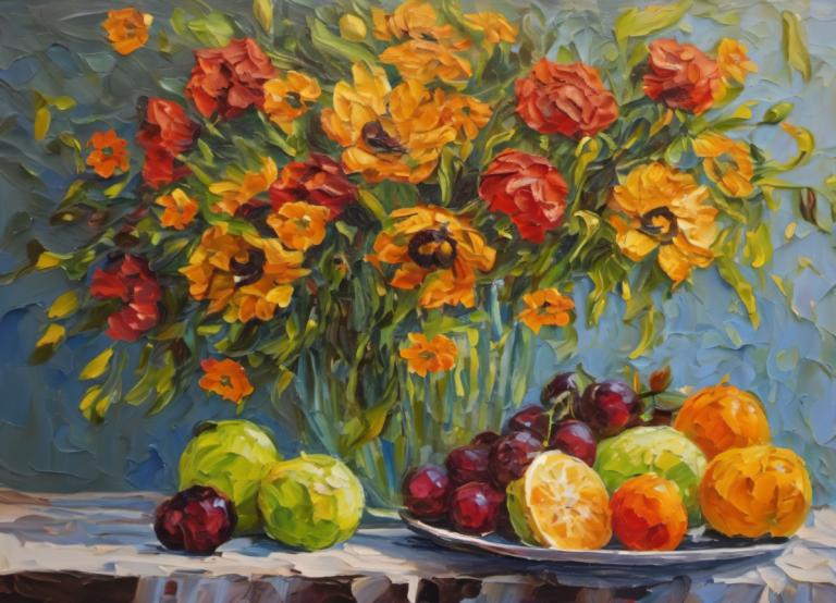 Oil Painting,Oil Painting, Still life, still life, fruit, no humans, food, flower, still life, orange (fruit)