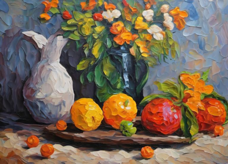 Oil Painting,Oil Painting, Still life, still life, no humans, fruit, food, still life, flower, leaf, scenery