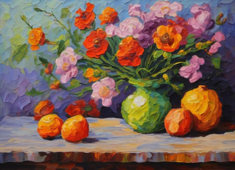 Oil Painting,Oil Painting, Still life, still life, flower, no humans, still life, red flower, orange flower