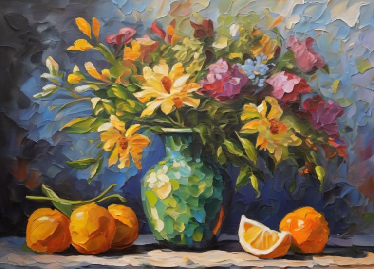 Oil Painting,Oil Painting, Still life, still life, no humans, flower, fruit, orange flower, traditional media